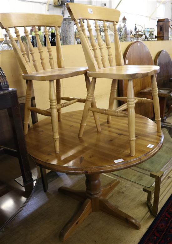 Circular pine table & 2 chairs